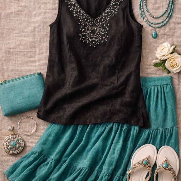 Willi Smith Tops - Black Linen Top - Size 14 (Fits like a M/L) - Coastal Beach Vibe Beaded